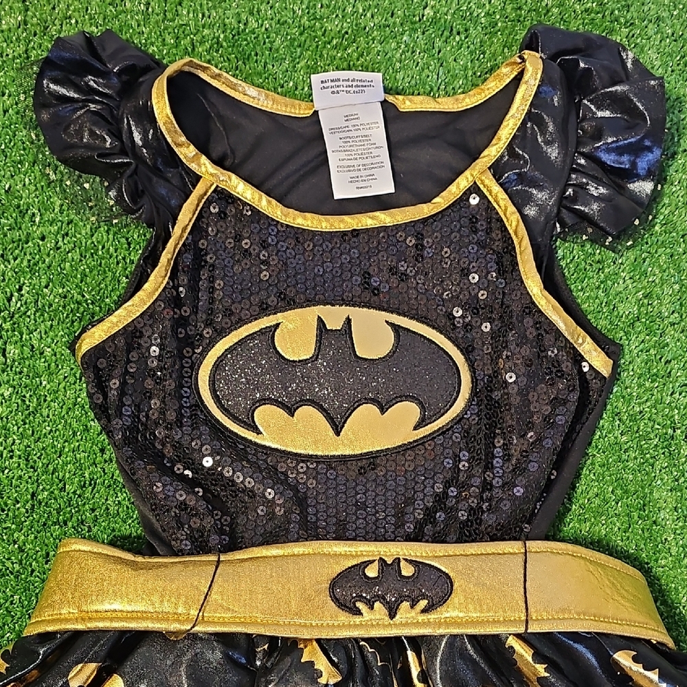 Girls Medium Batgirl Black & Gold Sequin Mesh Tutu Dress Costume Preowned - Picture 4 of 8